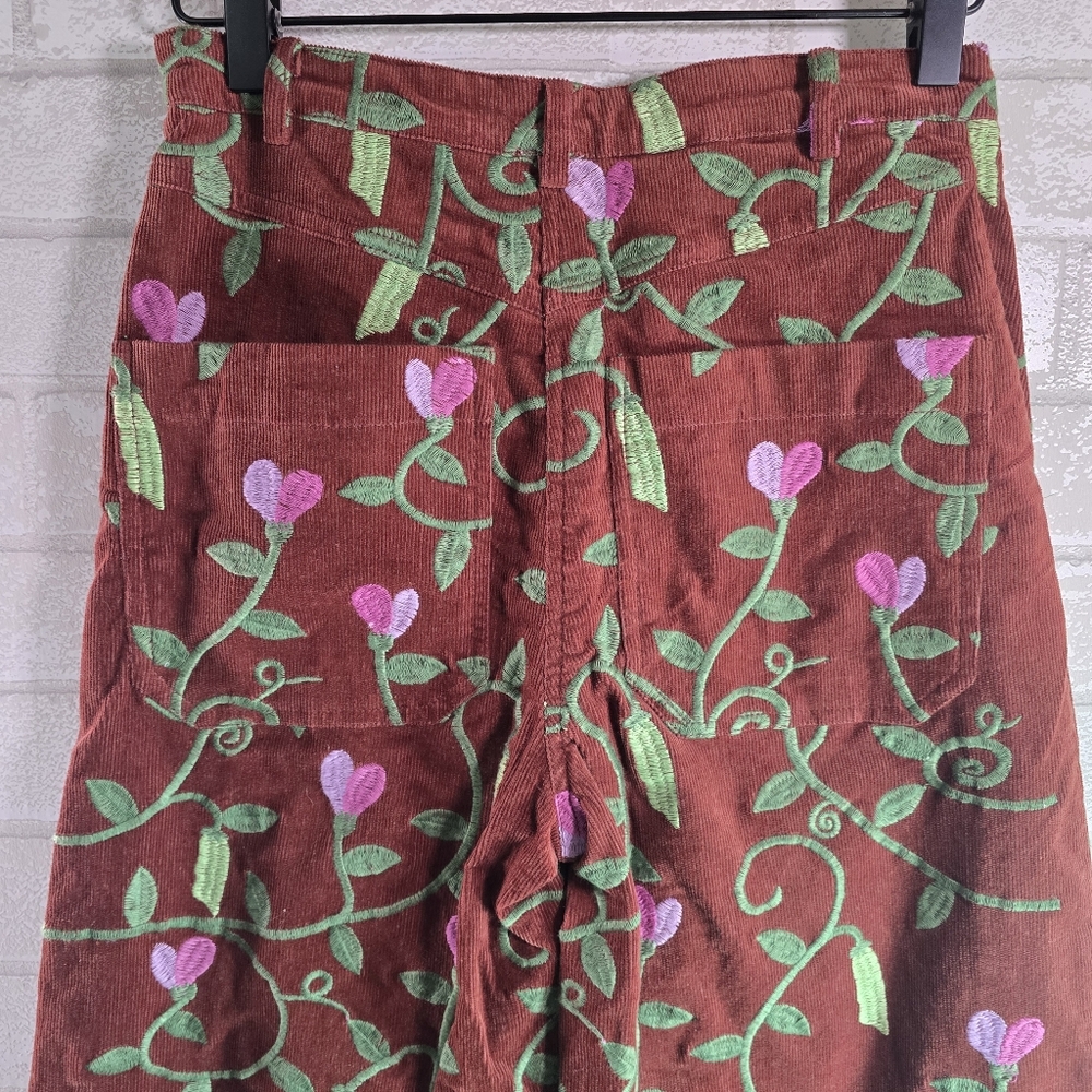 Samantha Pleet Sweet Pea Embroidered Plank Pants Wide Leg Sienna Brown Size 26/8 - Picture 9 of 15